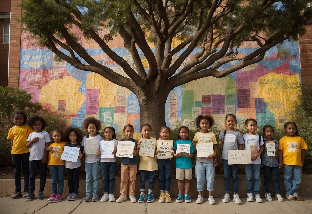 Children gather around a mural of diverse activists, holding signs and banners promoting equality and justice. A tree with leaves made of quotes and messages of empowerment stands tall in the background