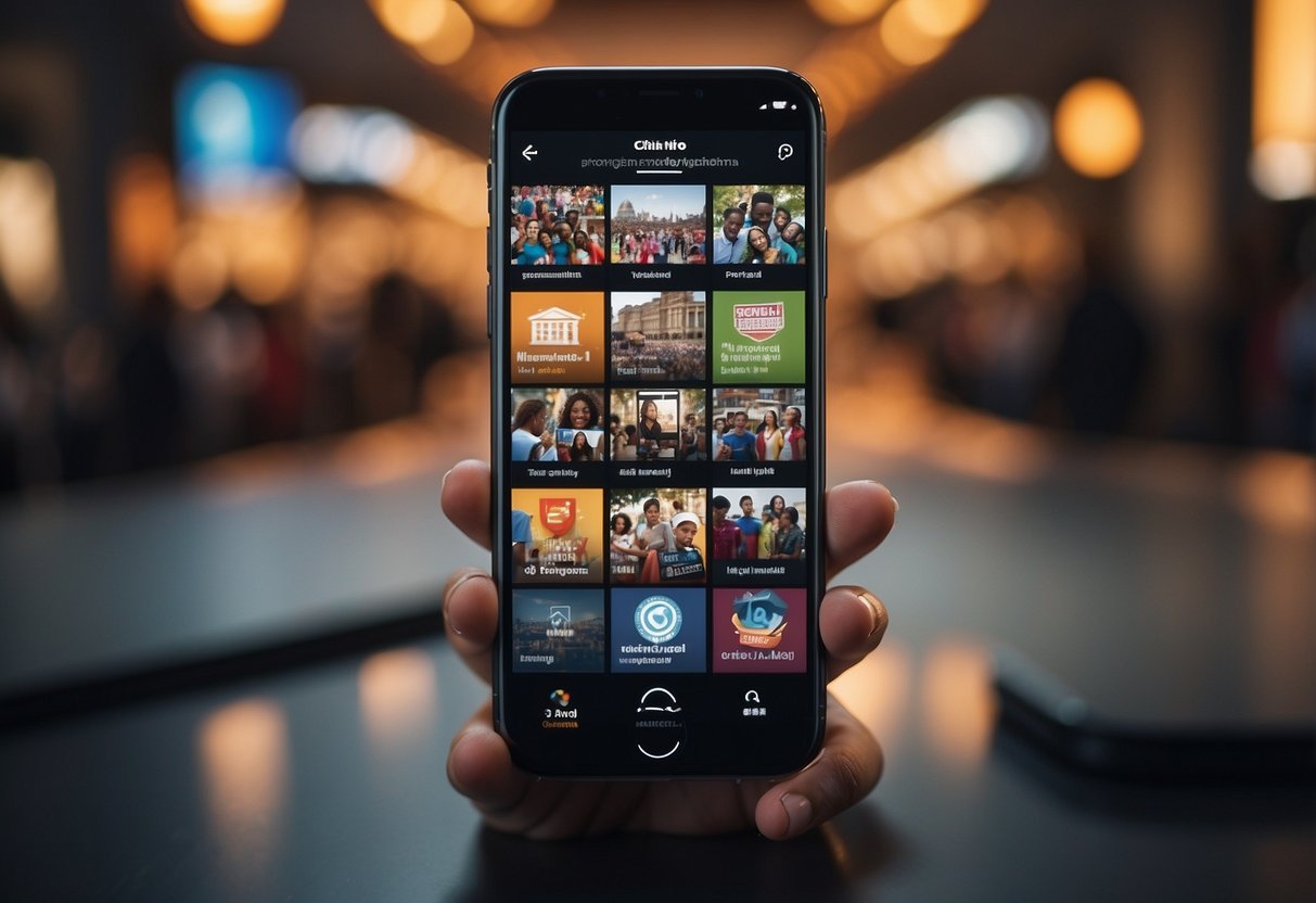 A mobile phone with a social justice app on the screen, surrounded by images of diverse projects teaching kids about fighting injustice