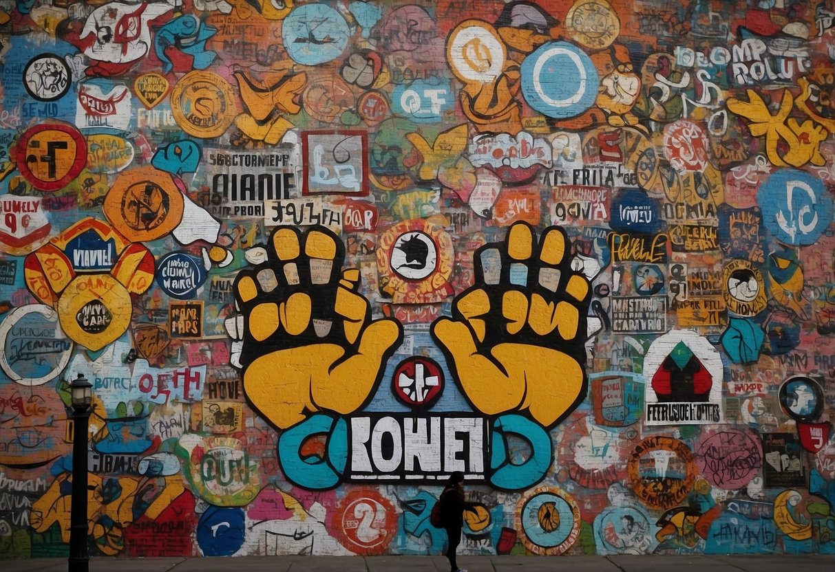 A vibrant wall mural featuring diverse symbols and colors, showcasing themes of unity, equality, and social justice. Incorporate images of protest signs, raised fists, and peaceful demonstrations