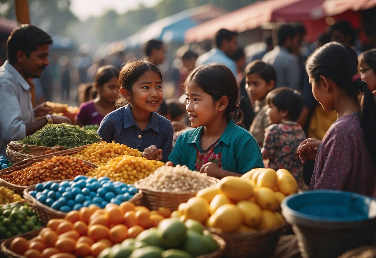 A bustling fair trade marketplace with colorful stalls and diverse products, children engaged in learning activities about fighting injustice