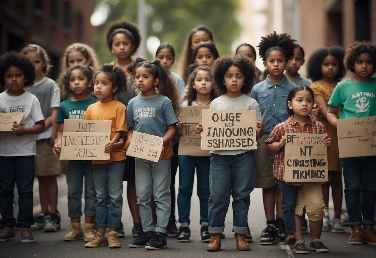 A group of children stand on a stage, holding signs with powerful messages. A backdrop displays images of social justice movements. The children act out scenes of fighting against injustice, using their voices to spread awareness