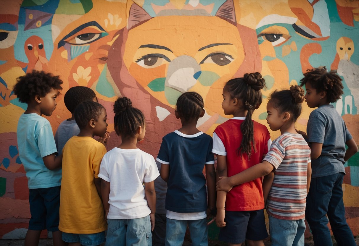 A diverse group of children gather around a mural, discussing issues of inequality and discrimination. They are engaged in creating art and writing messages of empowerment and solidarity