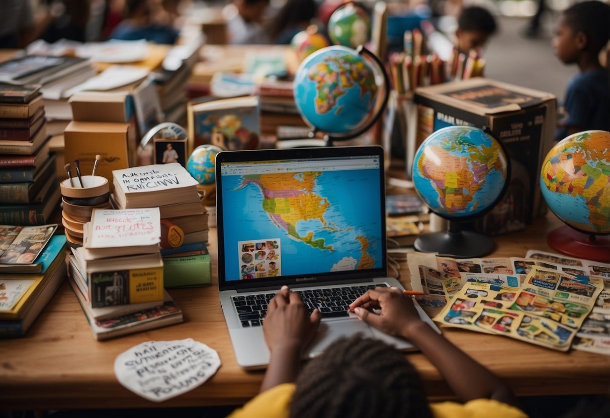 Children's hands painting protest signs, surrounded by books on activism, diverse toys, and a globe. A laptop displays social justice websites, while a bulletin board showcases community events and volunteer opportunities