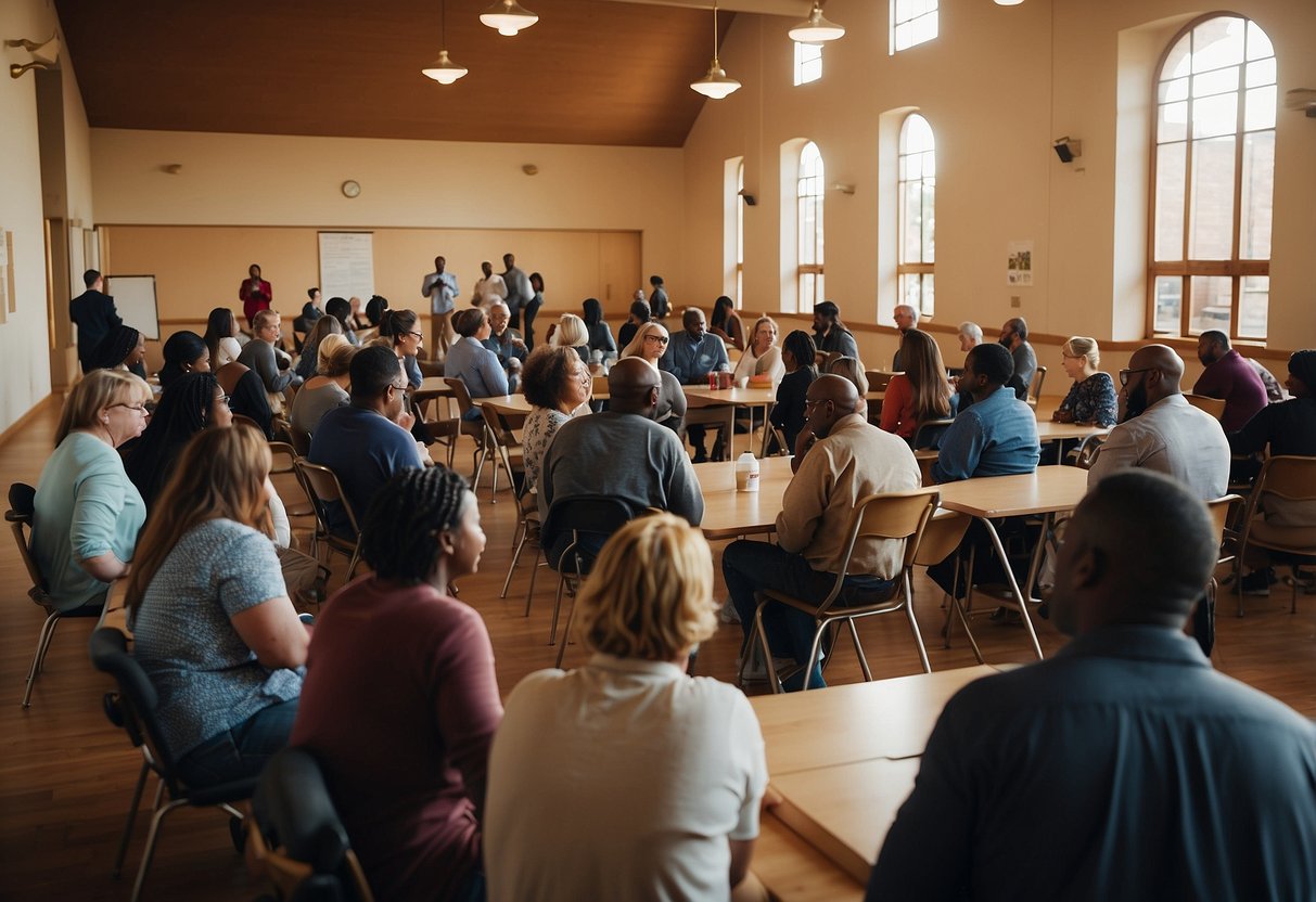 A diverse group of people gather in a community hall, discussing social justice causes. Posters and flyers line the walls, promoting various initiatives. Tables are set up for different organizations to engage with attendees