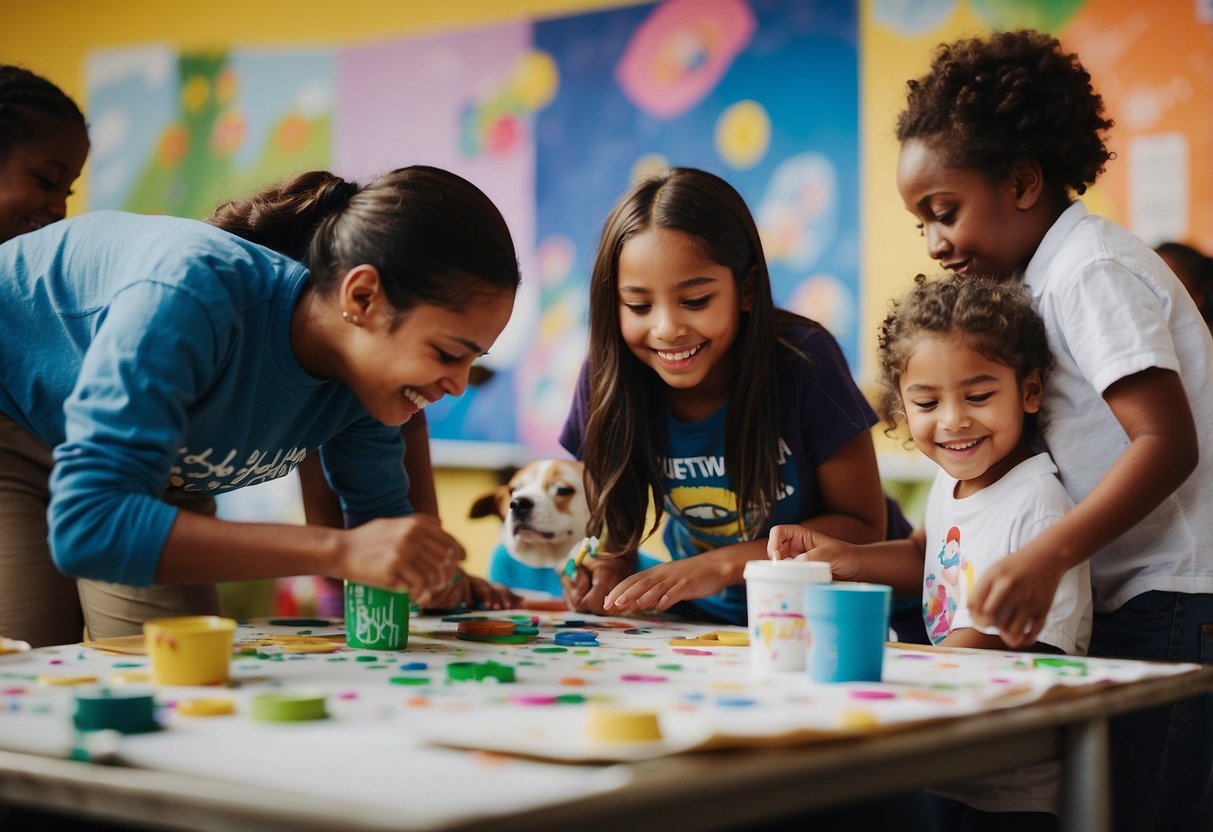 Children painting posters, collecting donations, and playing with shelter animals. A diverse group of volunteers working together to make a positive impact