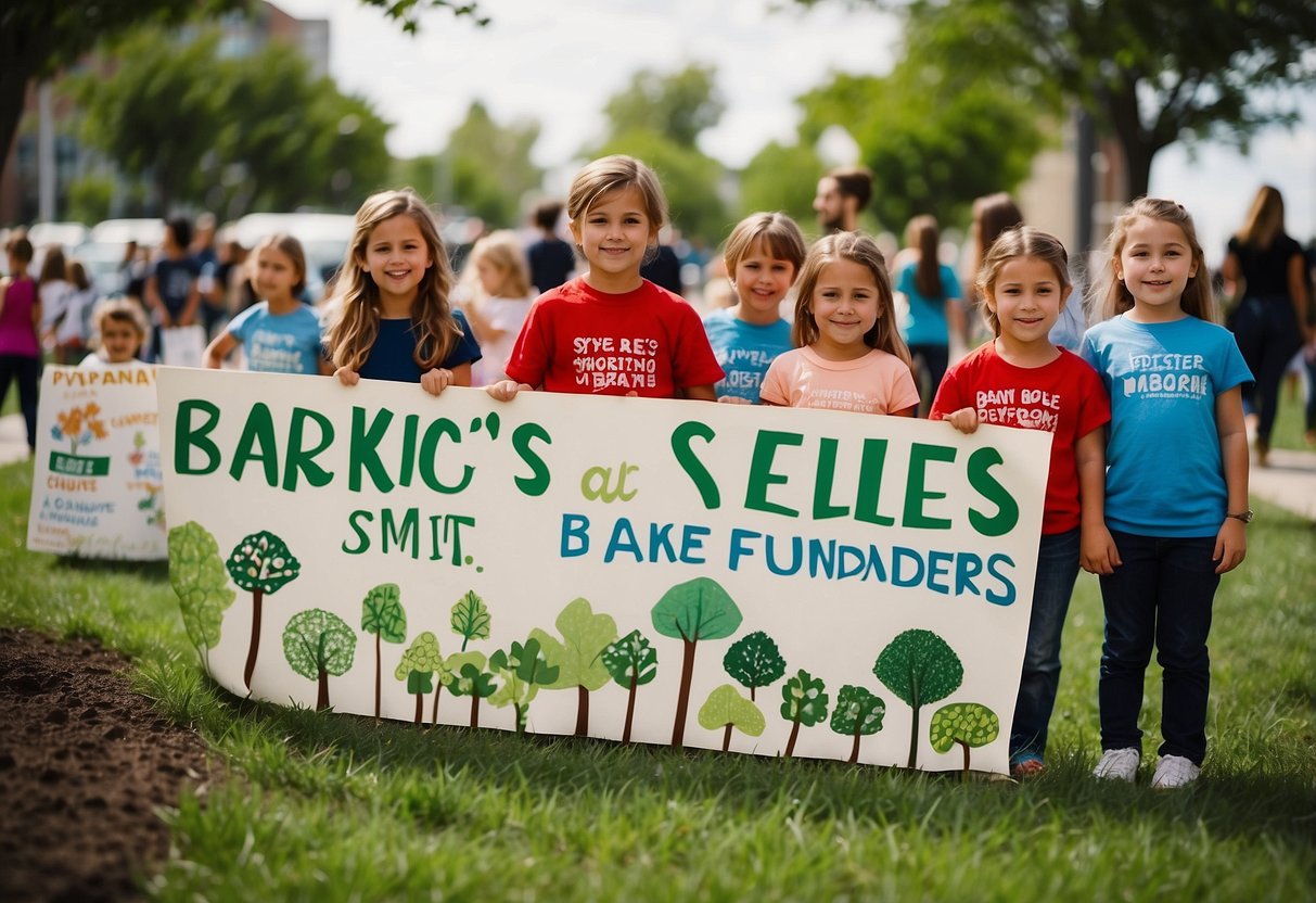 Children holding signs, organizing bake sales, creating art, and planting trees for fundraisers. They are engaged in social justice causes, making a positive impact