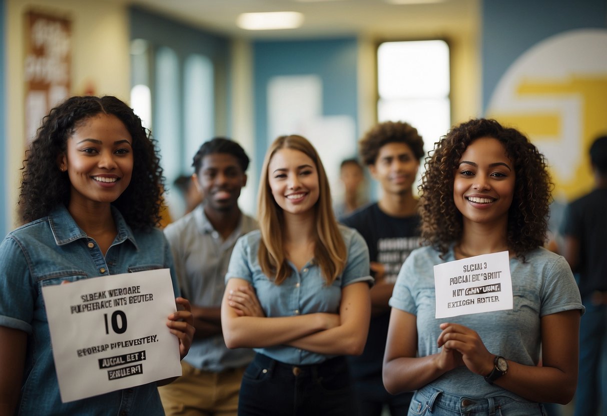 A group of young people gather in a community center, holding signs and discussing social justice issues. Posters and flyers line the walls, promoting various advocacy events and initiatives