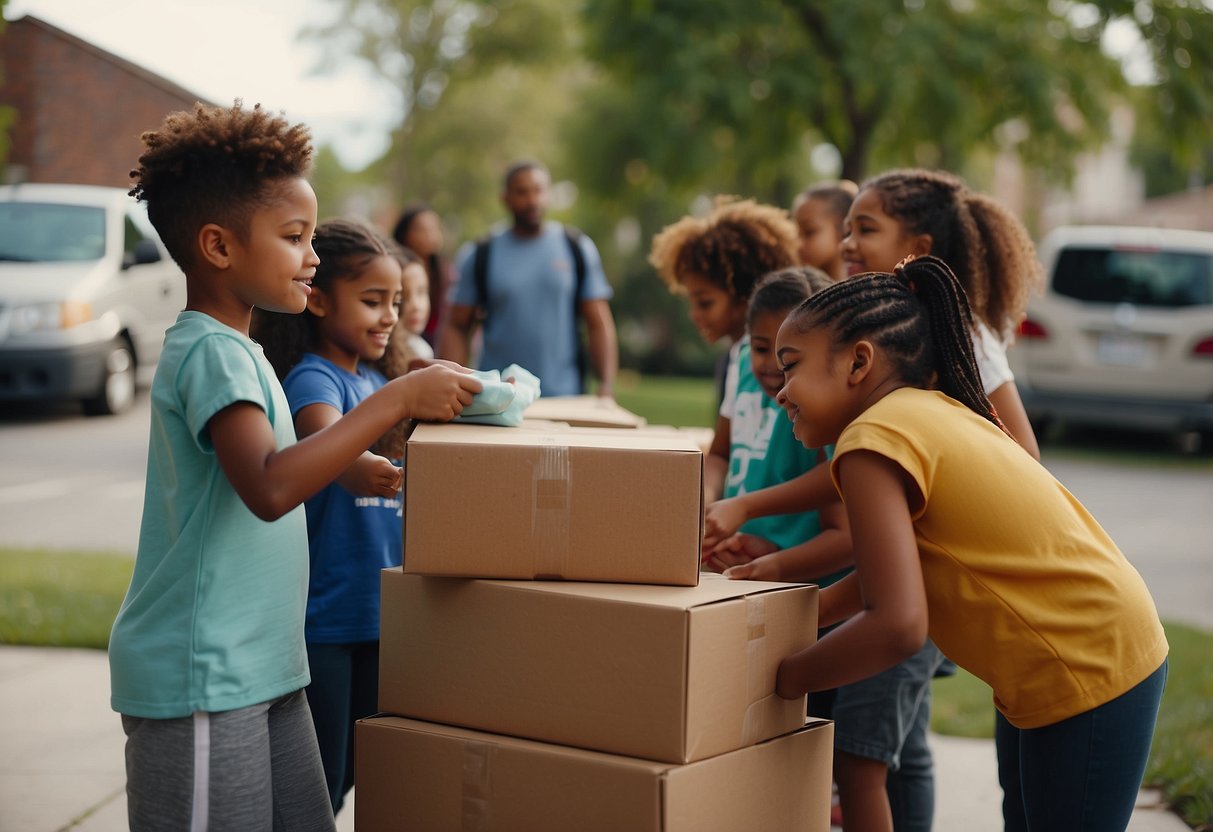 A group of diverse children collect and sort donated items for a donation drive. They work together to pack boxes and load them into a van for delivery