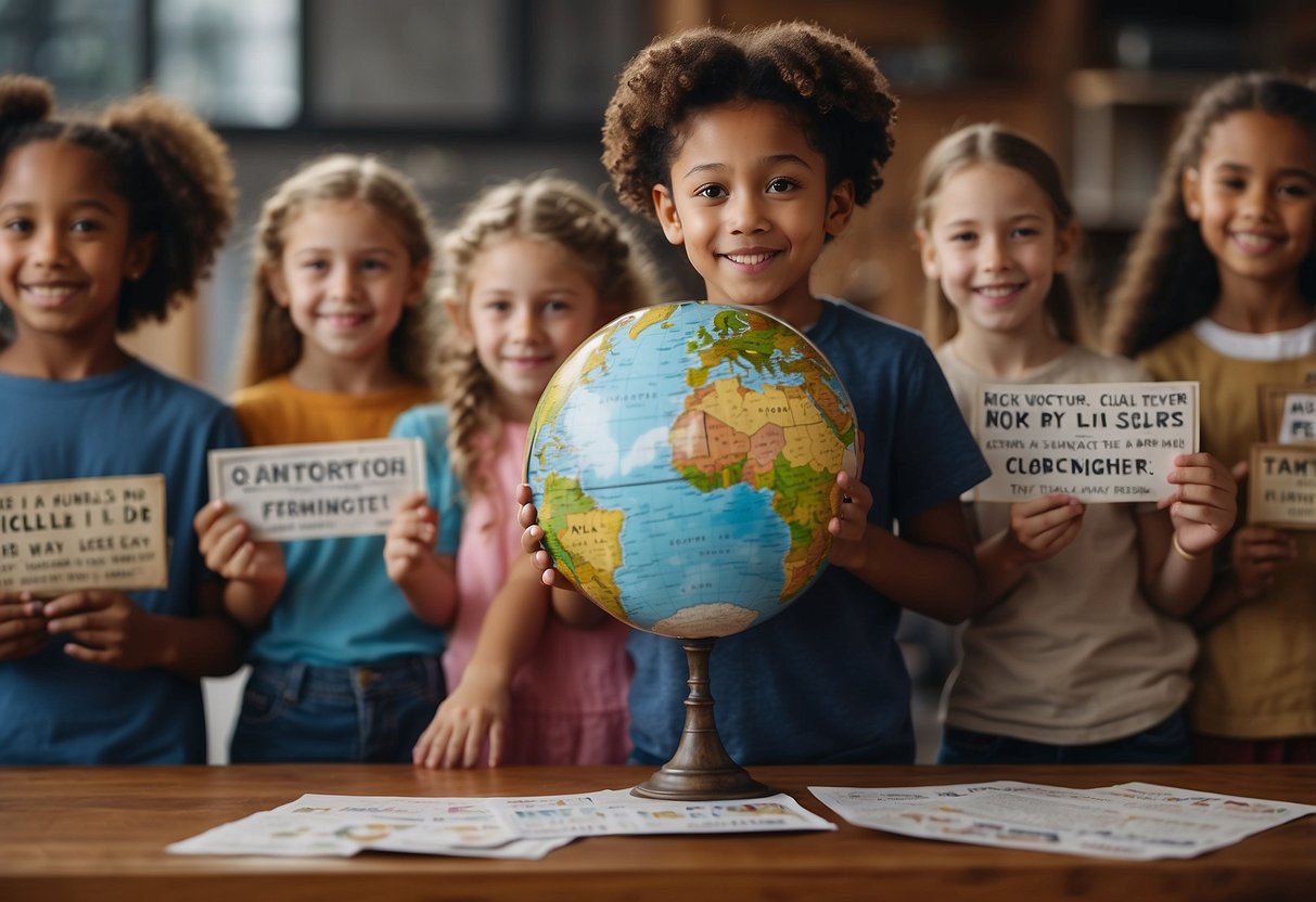 Children's hands hold signs with messages. They gather around a table, making posters. Books on social justice lay open nearby. A globe sits in the background