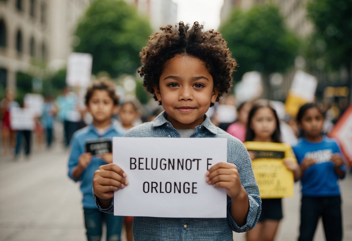 Children holding signs, speaking out, joining protests, writing letters, educating others, standing up for others, organizing events, using social media, advocating for change, and challenging unfair policies