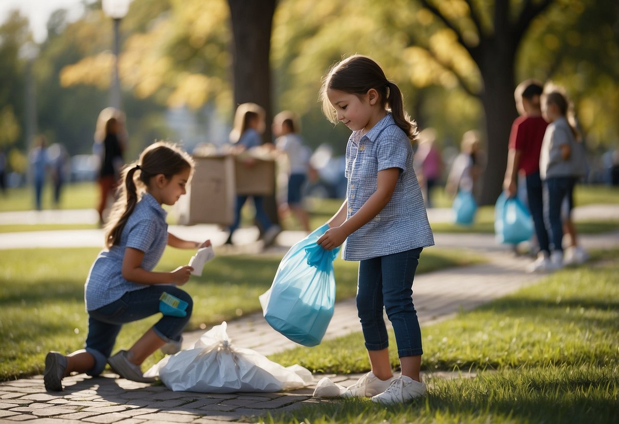 Children cleaning up a park, holding signs, writing letters, and organizing a fundraiser to support a cause