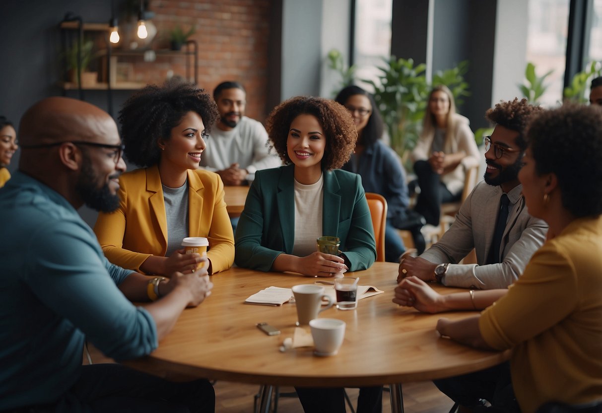 A group of diverse people gather around a table, discussing social justice issues. Posters with empowering messages cover the walls. A sense of unity and determination fills the room