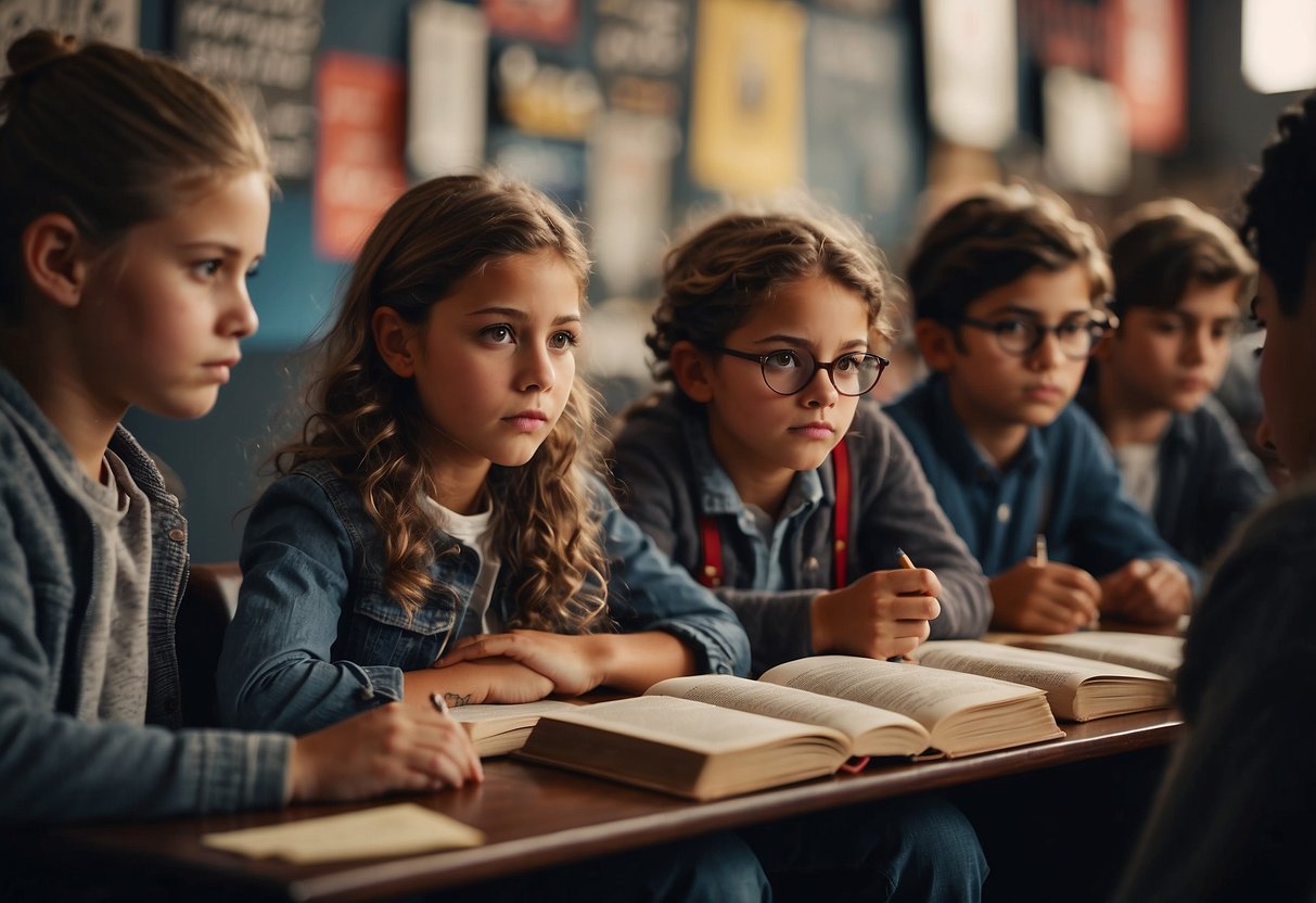 Children reading about famous activists, surrounded by posters and books. Engaged in discussions and writing down their thoughts. Showing determination and passion for standing against injustice