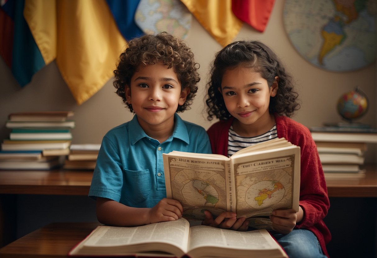 Children reading books from different cultures, globe and map on the wall, diverse flags hanging, posters with messages of equality and justice