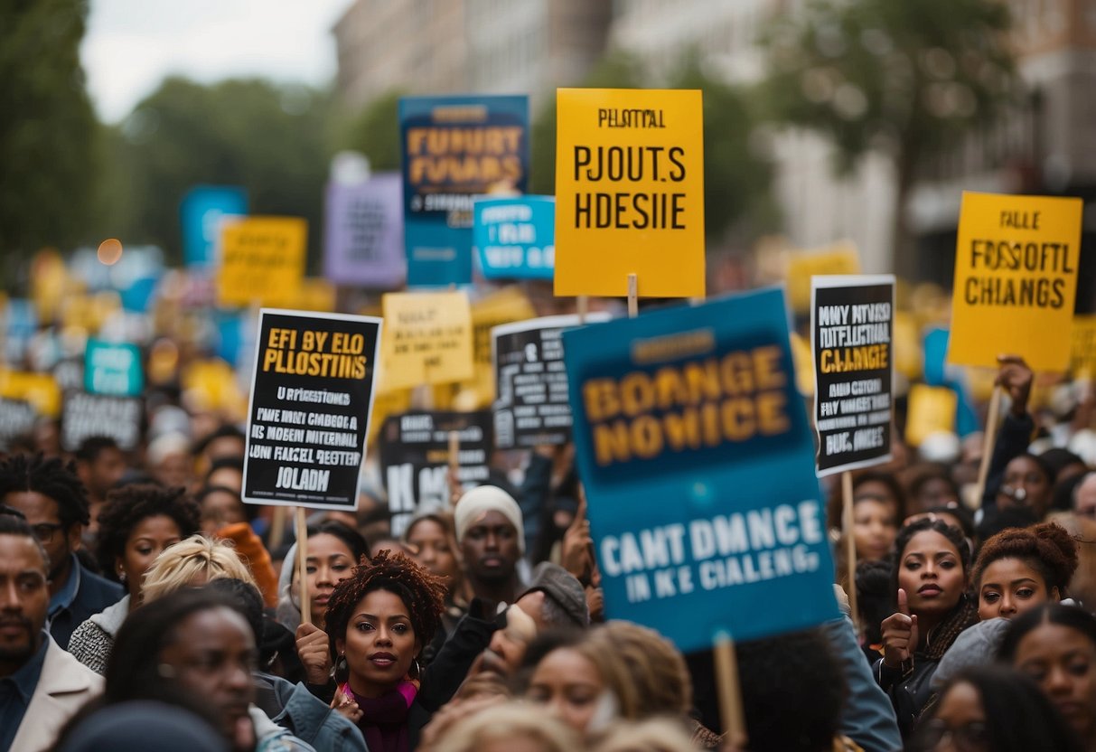 A group of colorful signs with powerful messages against injustice are held high in the air, as people peacefully protest for change