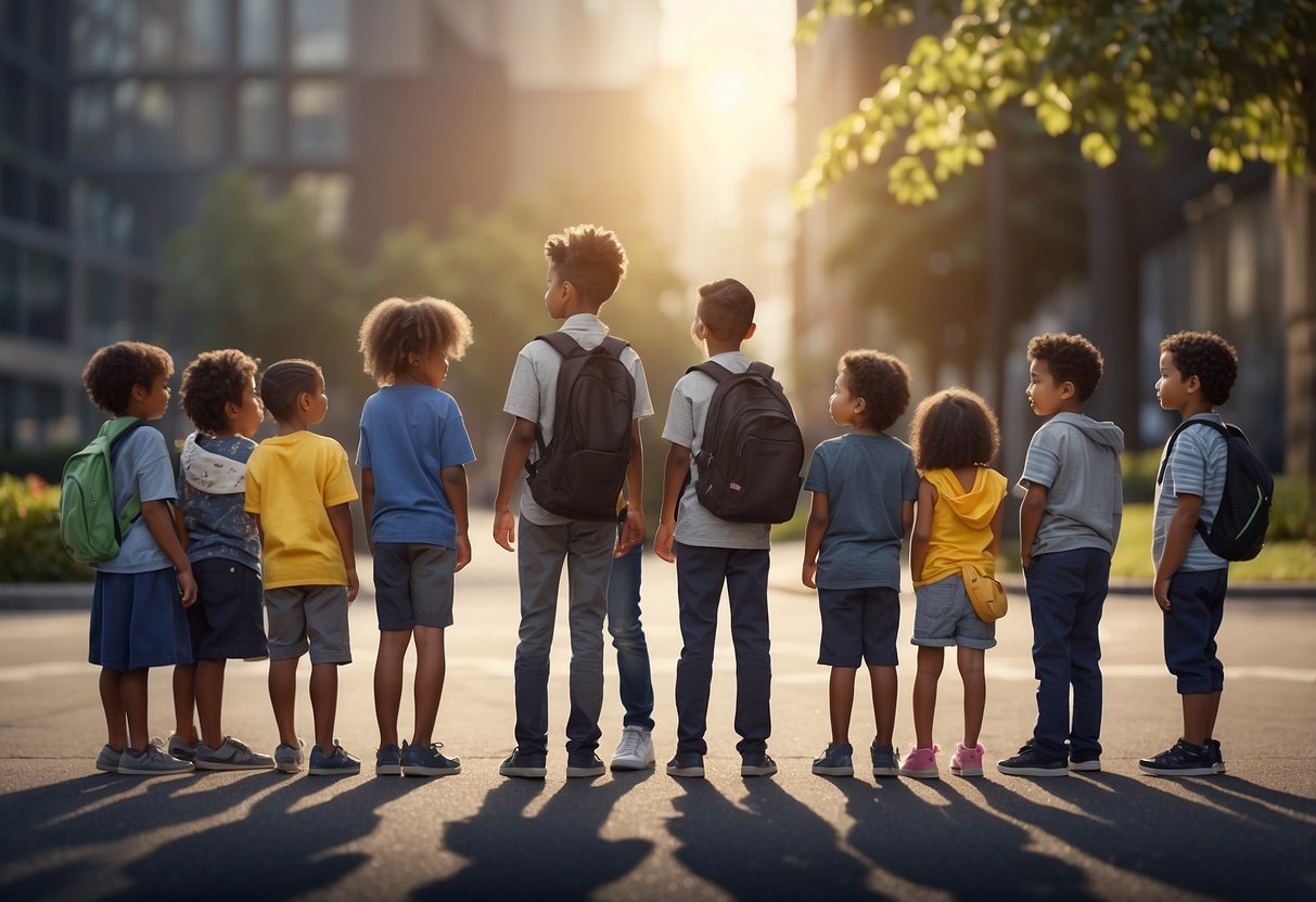 A group of children gather around a poster with 10 signs of standing against injustice. They listen attentively as a mentor explains each sign