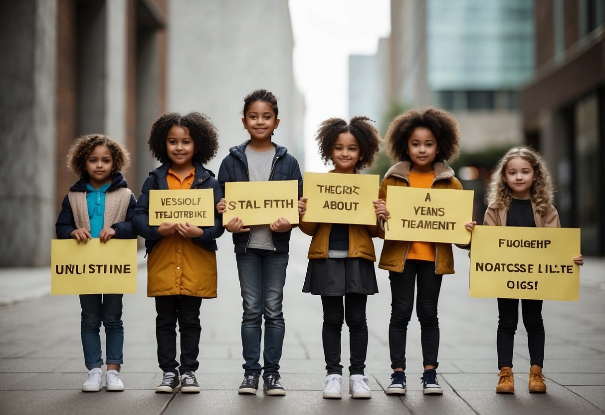 A group of diverse children stand together, holding signs and speaking out against unfair treatment. They show empathy and support for those facing injustice