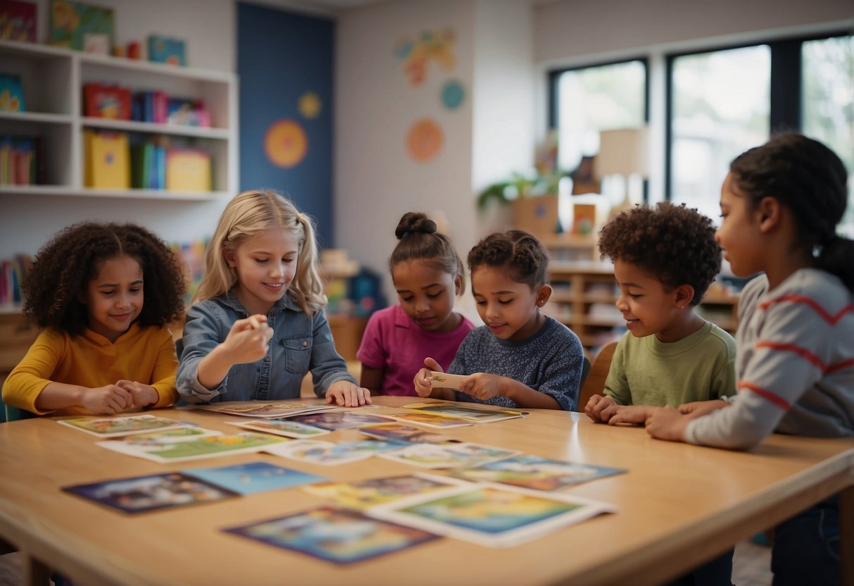 A diverse group of children engage in activities promoting empathy, equality, and understanding. Books, art supplies, and educational materials are scattered around the room