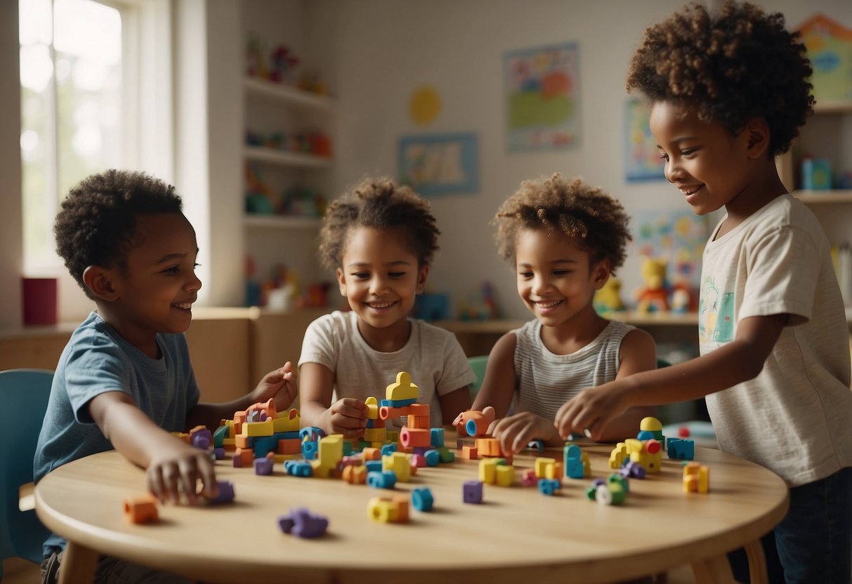 A diverse group of children playing together, sharing toys and taking turns. A poster with "Fairness and Equality" hangs on the wall