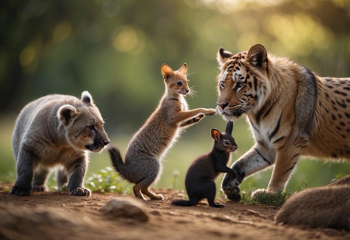 A group of diverse animals playing and interacting together in a welcoming and inclusive environment, showcasing different species forming friendships