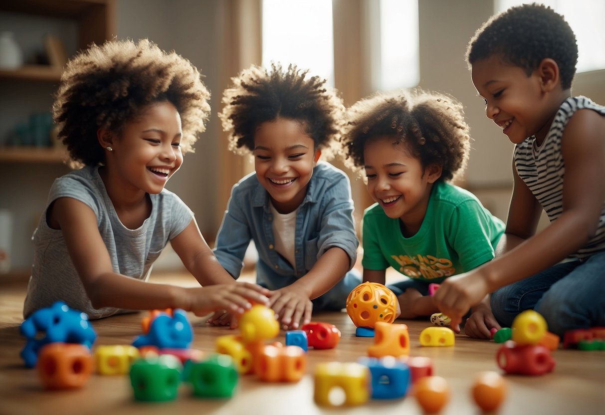 A diverse group of children playing together, sharing toys and including each other in activities. Signs of equality and acceptance evident in their interactions