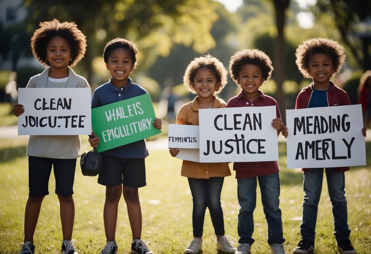 A group of diverse children work together to clean up a park, holding signs promoting equality and justice. They smile and laugh as they make a positive impact on their community