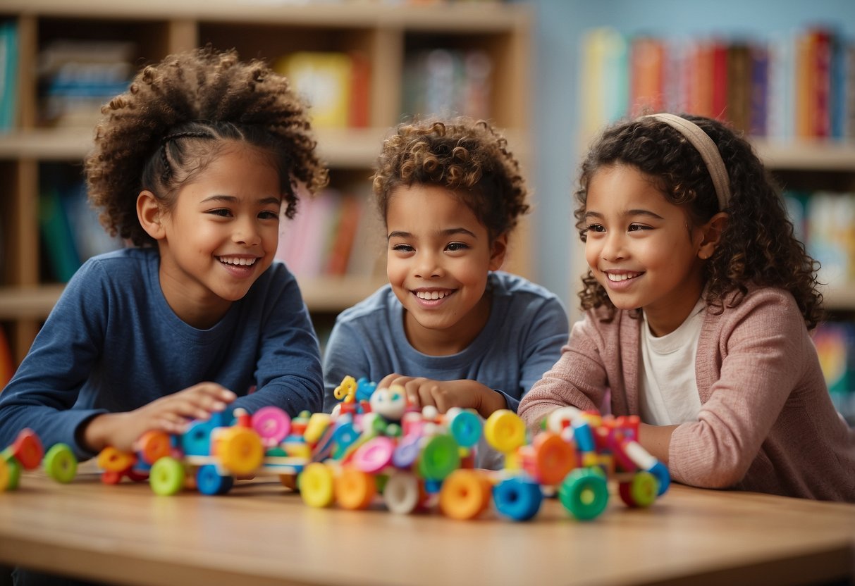 A diverse group of children engage in activities that promote equality and empathy, such as sharing toys and helping one another. Books about social justice and diversity are displayed in the background