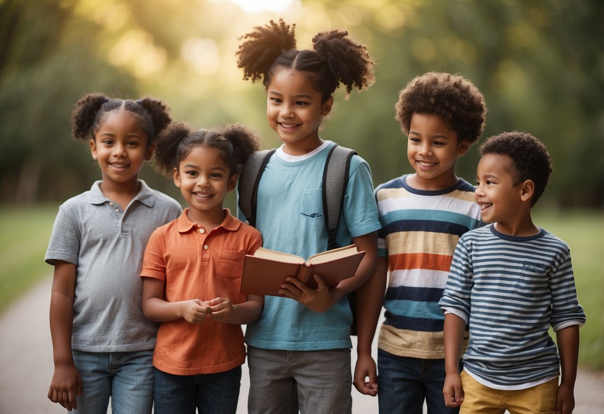 A diverse group of children playing together, sharing toys and books. One child stands up to a bully, while others support and include everyone