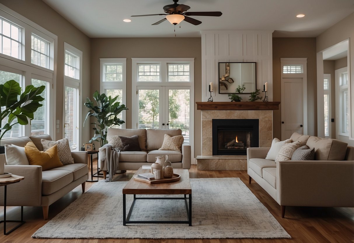 A living room with corner guards on tables, safety latches on cabinets, outlet covers, and baby gates blocking stairs and dangerous areas