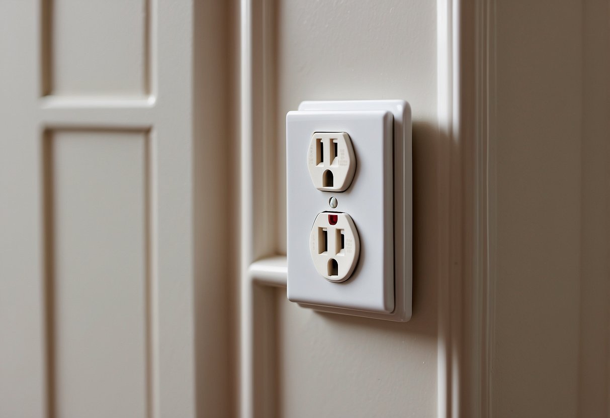 An electrical outlet with a KidCo outlet cover installed, surrounded by childproofing essentials like cabinet locks, corner guards, and safety gates