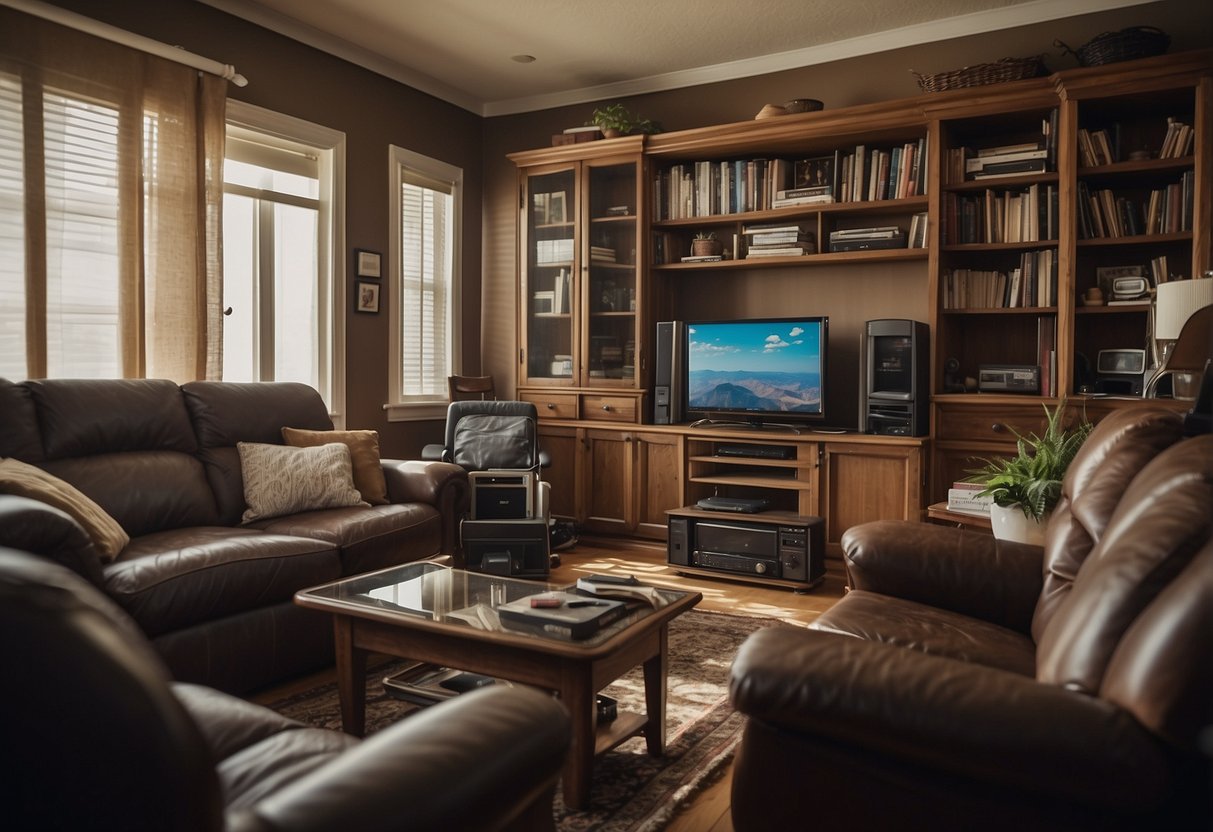 A cluttered living room with sharp corners on furniture, loose electrical cords, unlocked cabinets, and unsecured heavy furniture