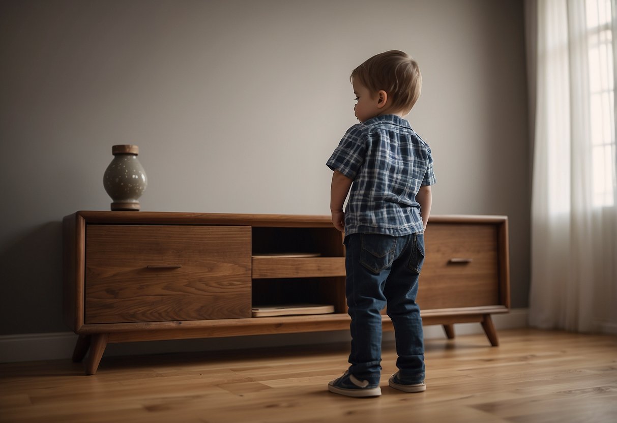 Heavy furniture stands unsecured, posing a danger to children. Walls lack safety restraints. Fixing this common mistake is crucial for childproofing