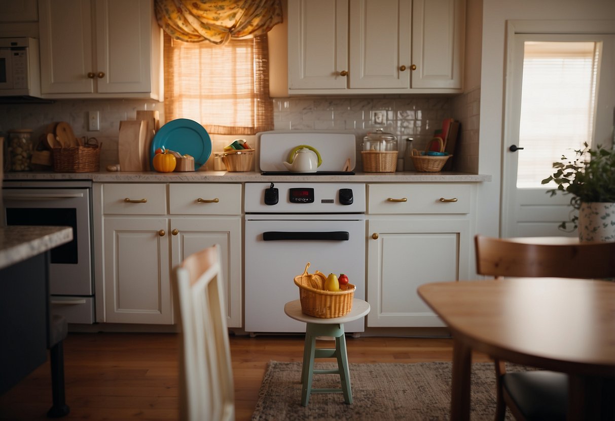 A cluttered kitchen counter with unlocked cabinets and drawers. A baby gate left open at the top of the stairs. A low-hanging tablecloth with breakable items