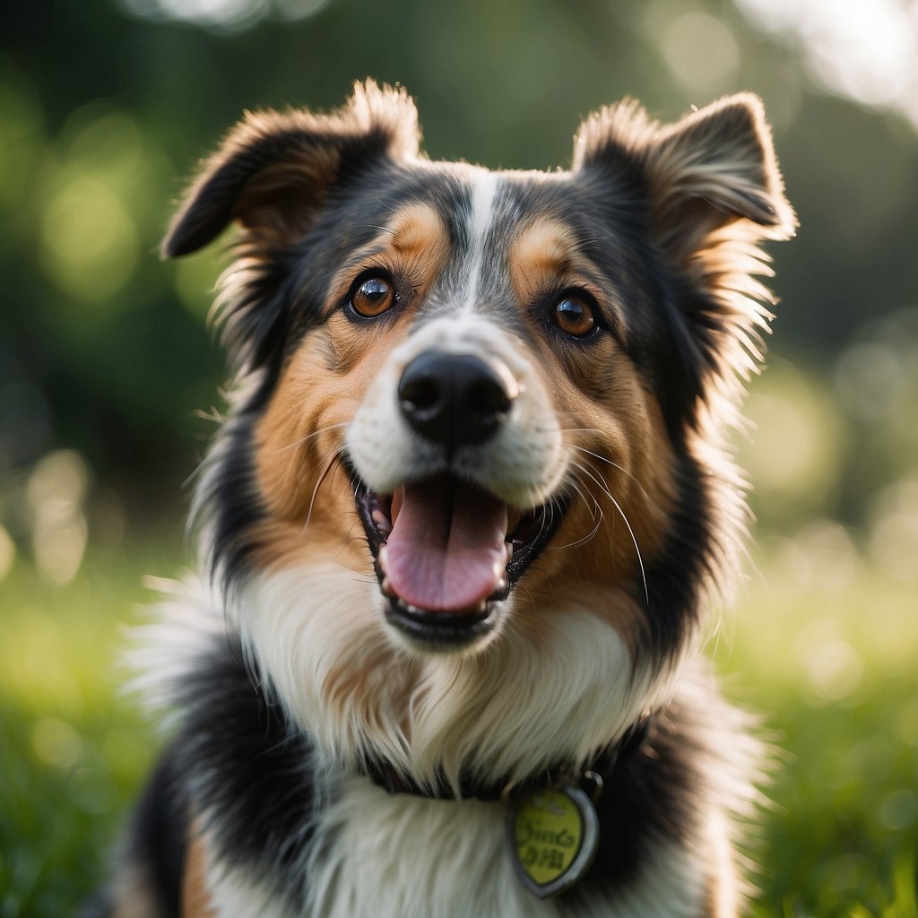 A happy dog playing in a lush, green yard, free from fleas and ticks. A protective collar or spot-on treatment is visible on the dog