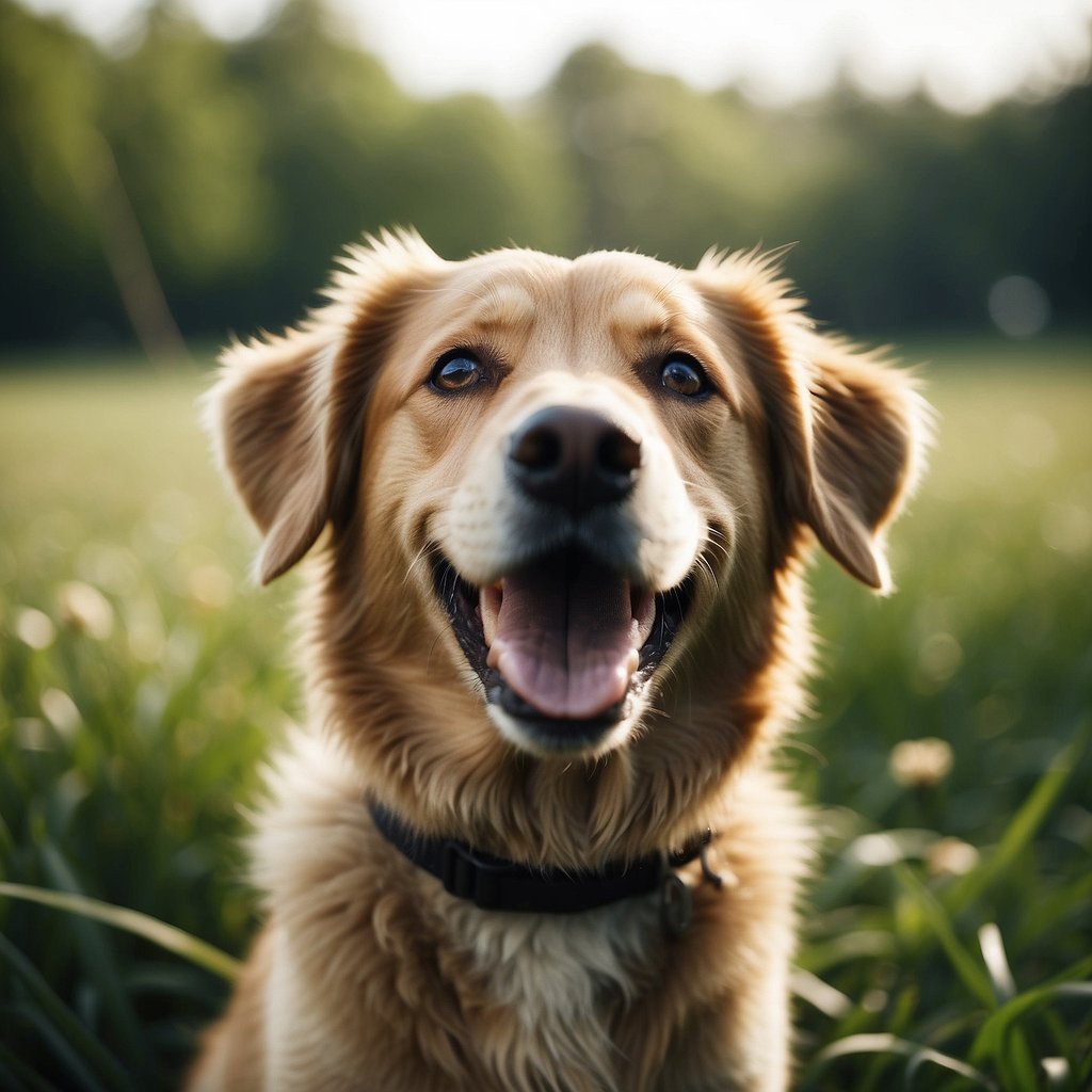 A happy dog playing in a grassy field, free from fleas and ticks, with a protective collar around its neck