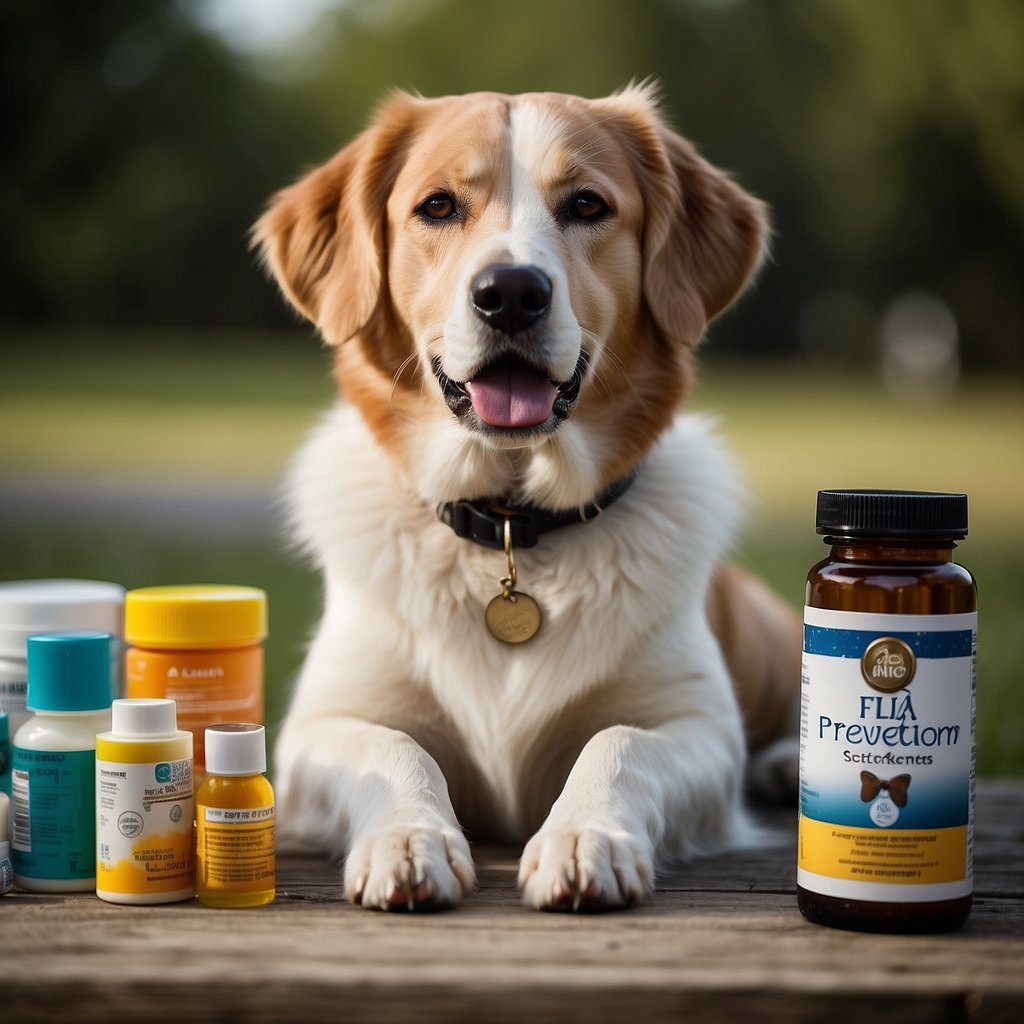 A dog with a shiny coat sits contentedly while surrounded by various flea and tick prevention products, including collars, spot-on treatments, and oral medications
