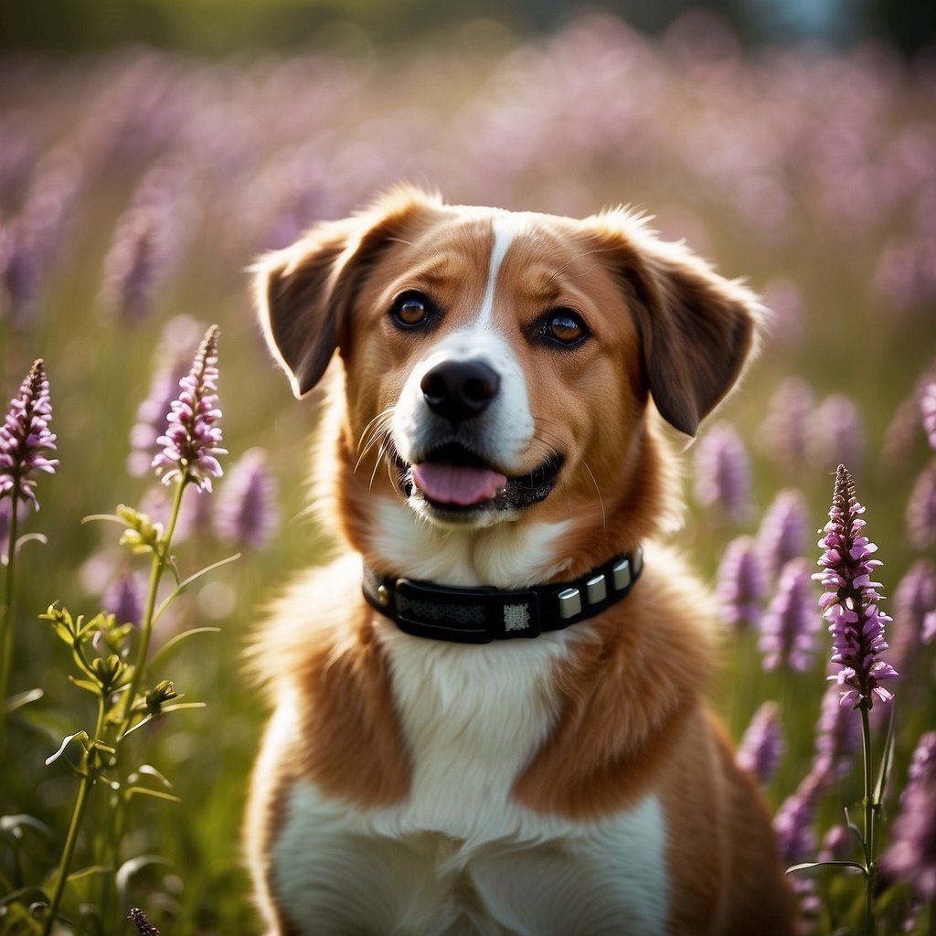 A dog sitting on a grassy field, surrounded by blooming flowers. A tick and flea prevention collar and spray are displayed nearby