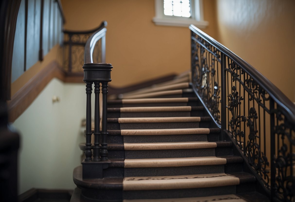 A staircase banister with no safety gate. Objects like toys and books scattered on the steps