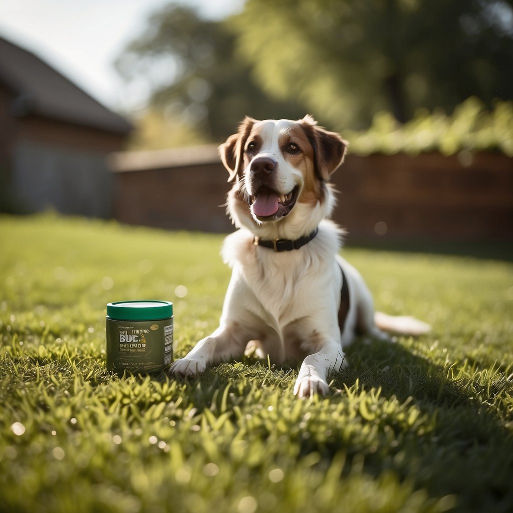 A dog with a shiny, healthy coat playing in a grassy, tick-free yard, while a flea and tick prevention product sits nearby