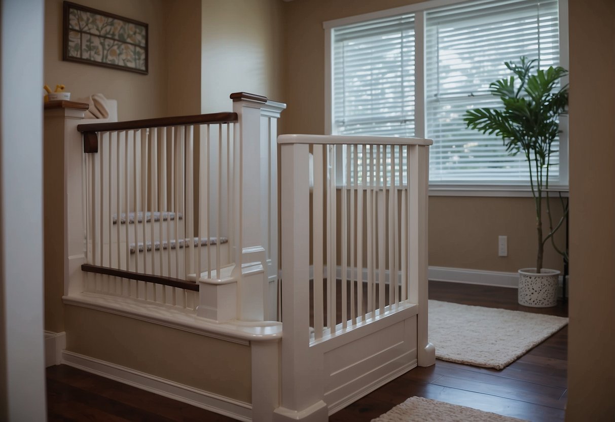 A baby gate blocks off the stairs. Cabinet locks are installed. Electrical outlets have safety covers. Sharp corners are cushioned. A playpen is set up. The toilet lid is secured. Window blinds have cordless designs