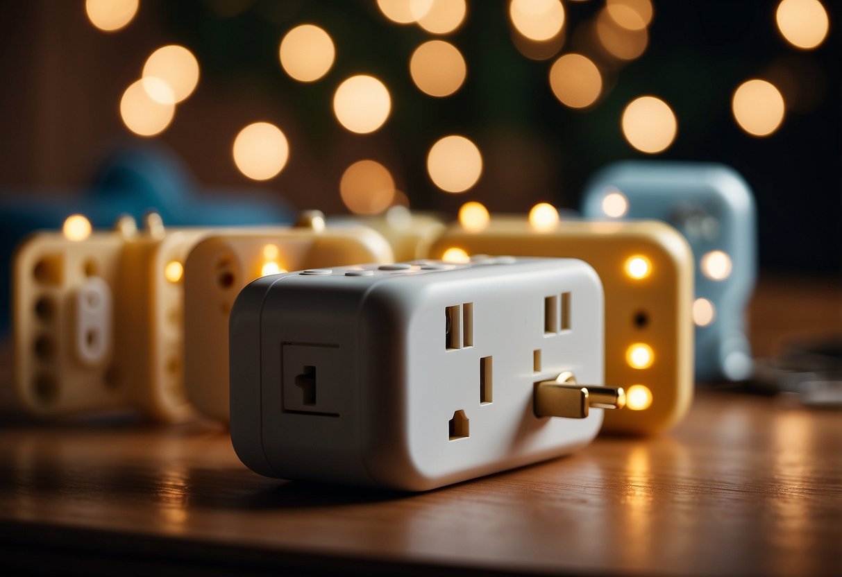 A close-up of a pack of Dreambaby Outlet Plugs surrounded by other childproofing products, with a soft, warm light illuminating the scene