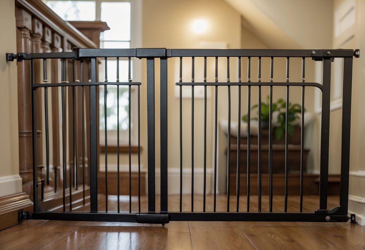 A sturdy metal baby gate is securely mounted at the top of a staircase, with a push-to-close feature for added safety