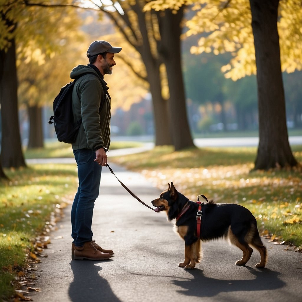 A dog wearing a no-pull harness walks calmly beside its owner on a loose leash, with the owner using positive reinforcement to encourage good behavior