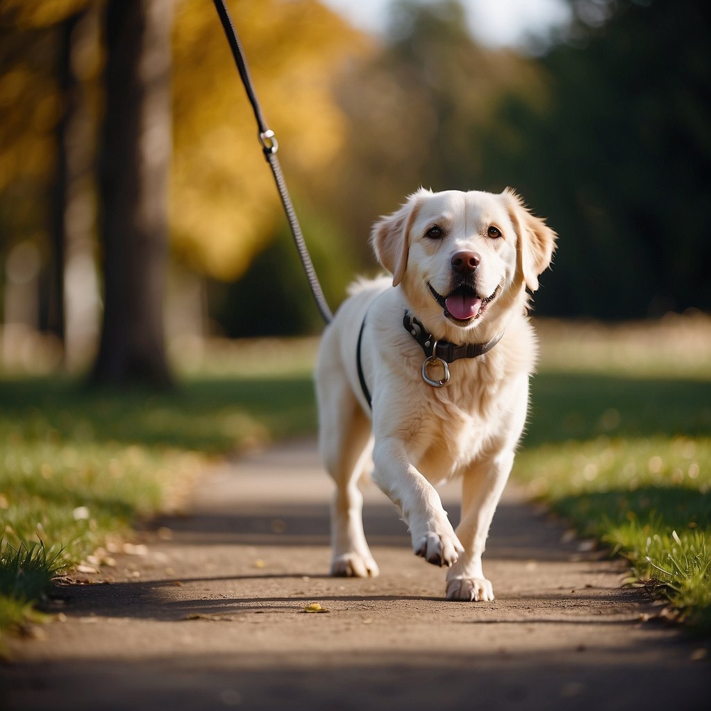 A dog walking calmly on a leash, with a relaxed body posture and no tension on the leash