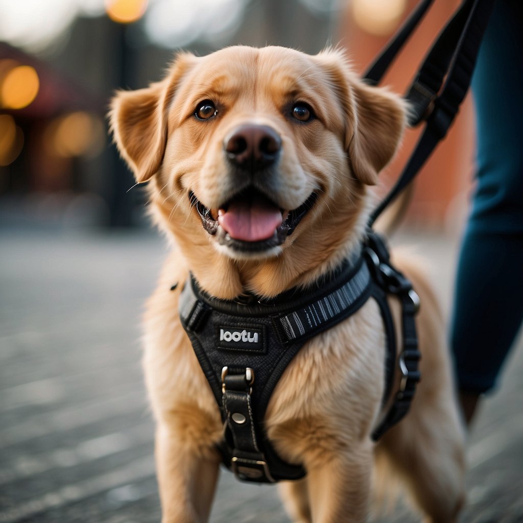 A dog wearing a harness and a leash attached to a front-clip harness, with the owner holding the leash loosely