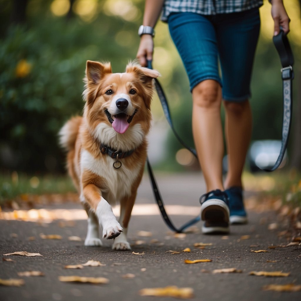 A dog walking calmly beside its owner, leash slack, with the owner using positive reinforcement and redirection techniques to prevent pulling