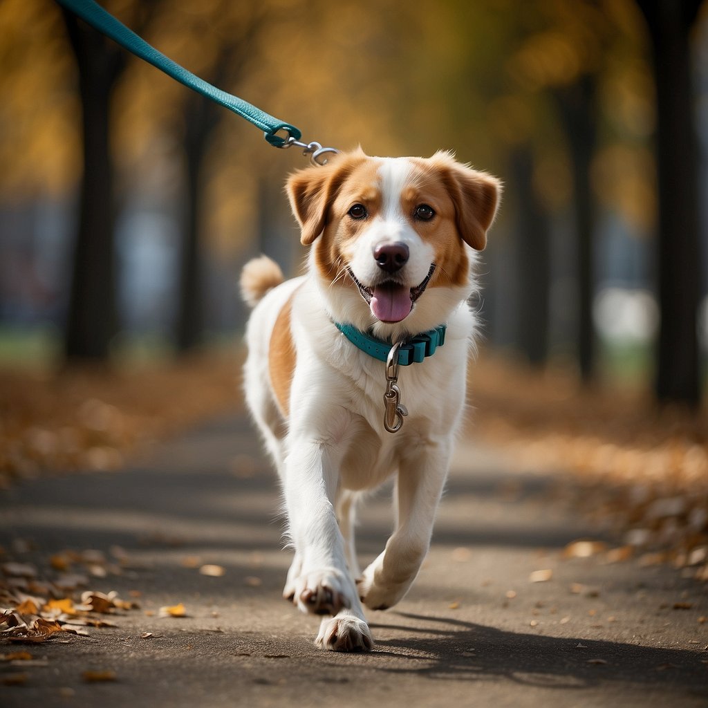 A dog walking calmly on a leash, maintaining consistent pace and direction, with no pulling or tugging