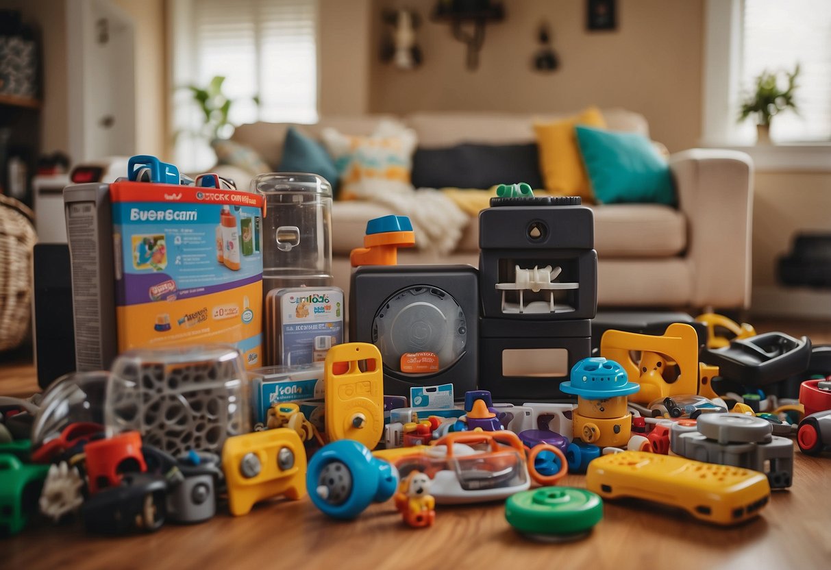 A cluttered living room with childproofing products scattered around: outlet covers, cabinet locks, corner guards, and safety gates. Toys and baby gear are neatly organized, creating a safe environment for young children