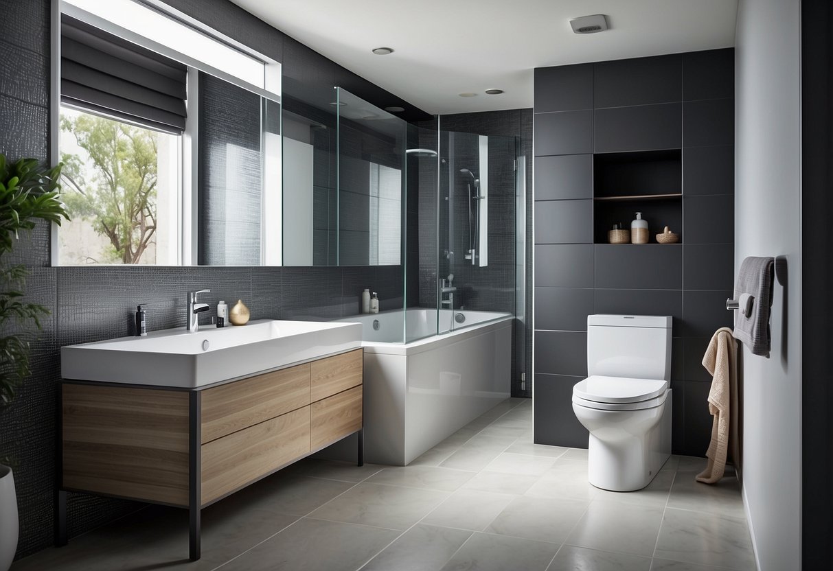 A modern bathroom with a sleek, white toilet featuring a soft-close lid. Stylish decor and childproofing elements seamlessly blend in the background