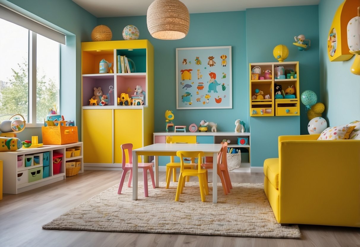 A child's playroom with stylish, non-toxic painted furniture. Safety features incorporated seamlessly into the design. Bright, inviting colors and durable finishes